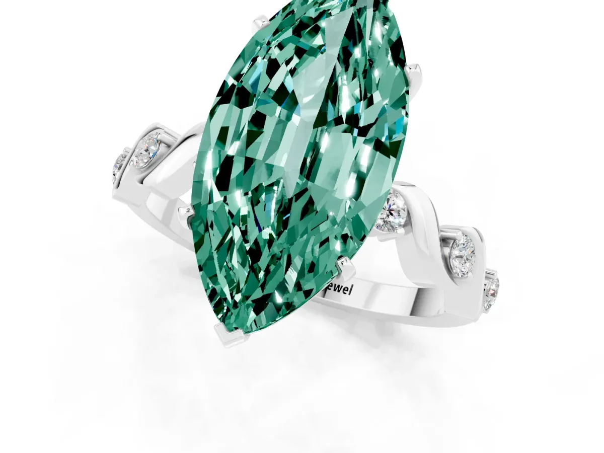 Marquise Cut Green Sapphire Solitaire Twisted Band with Round Accents and Prong Setting Platinum