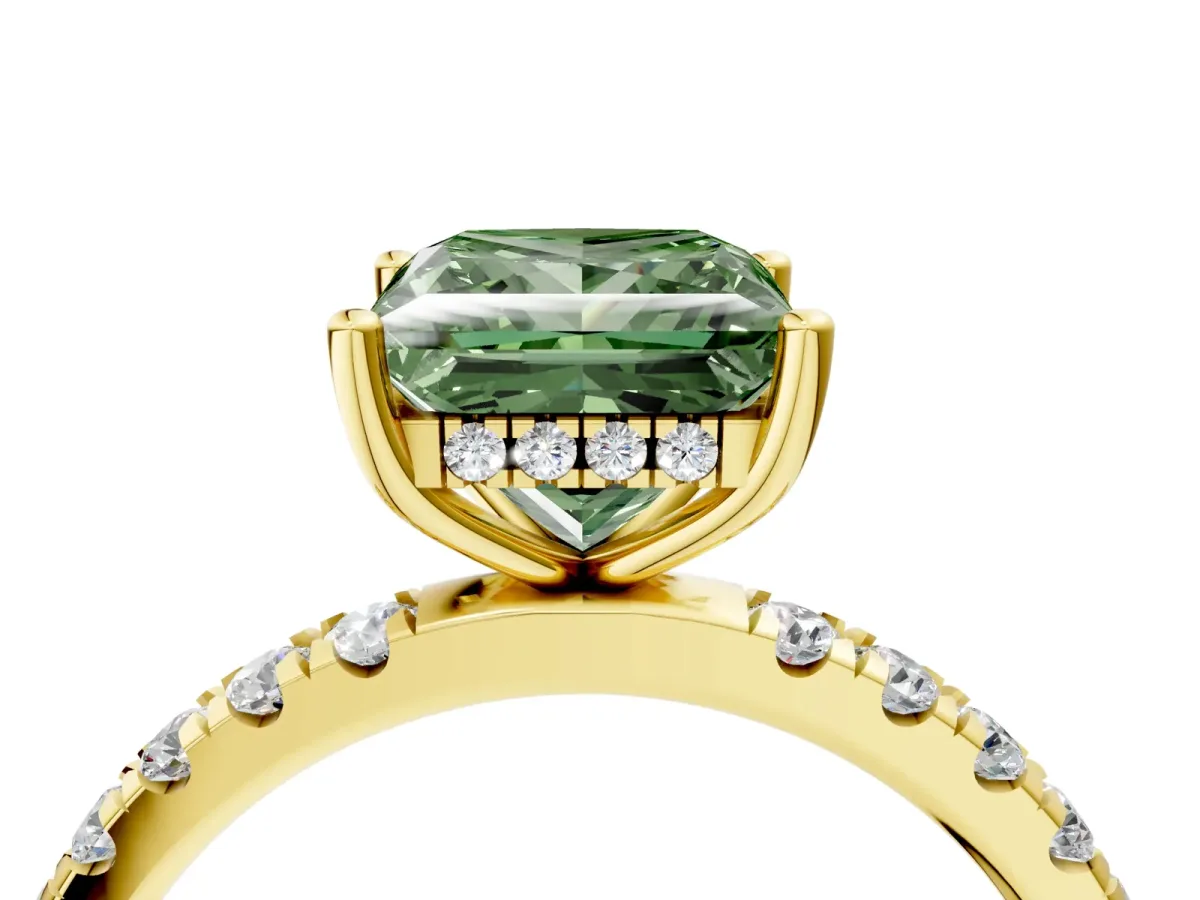 Fancy Green Princess Cut Diamond Pave Band Solitaire Ring with Round and Prong Setting Yellow gold