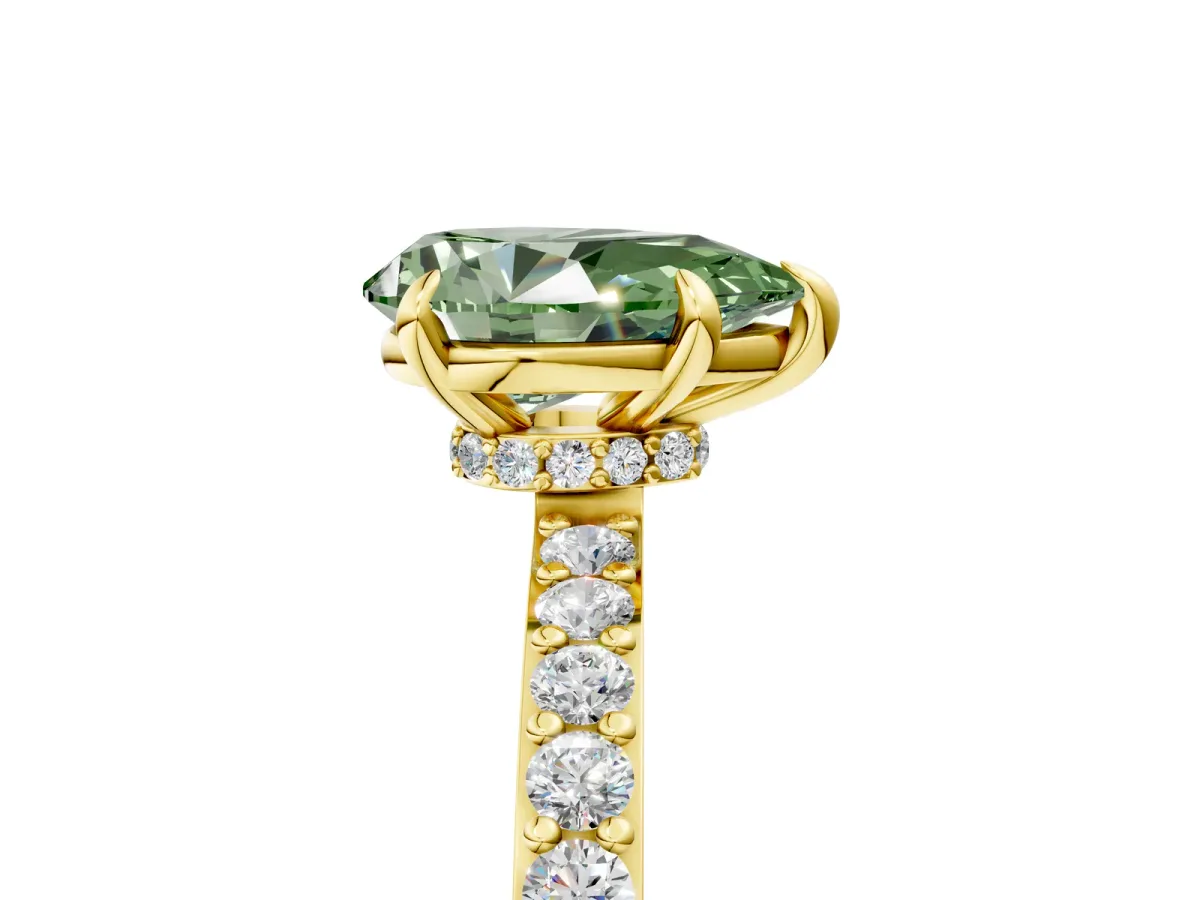 Fancy Green Pear Cut Diamond Solitaire Engagement Ring with Pavé Band and Four-Prong Setting Yellow gold