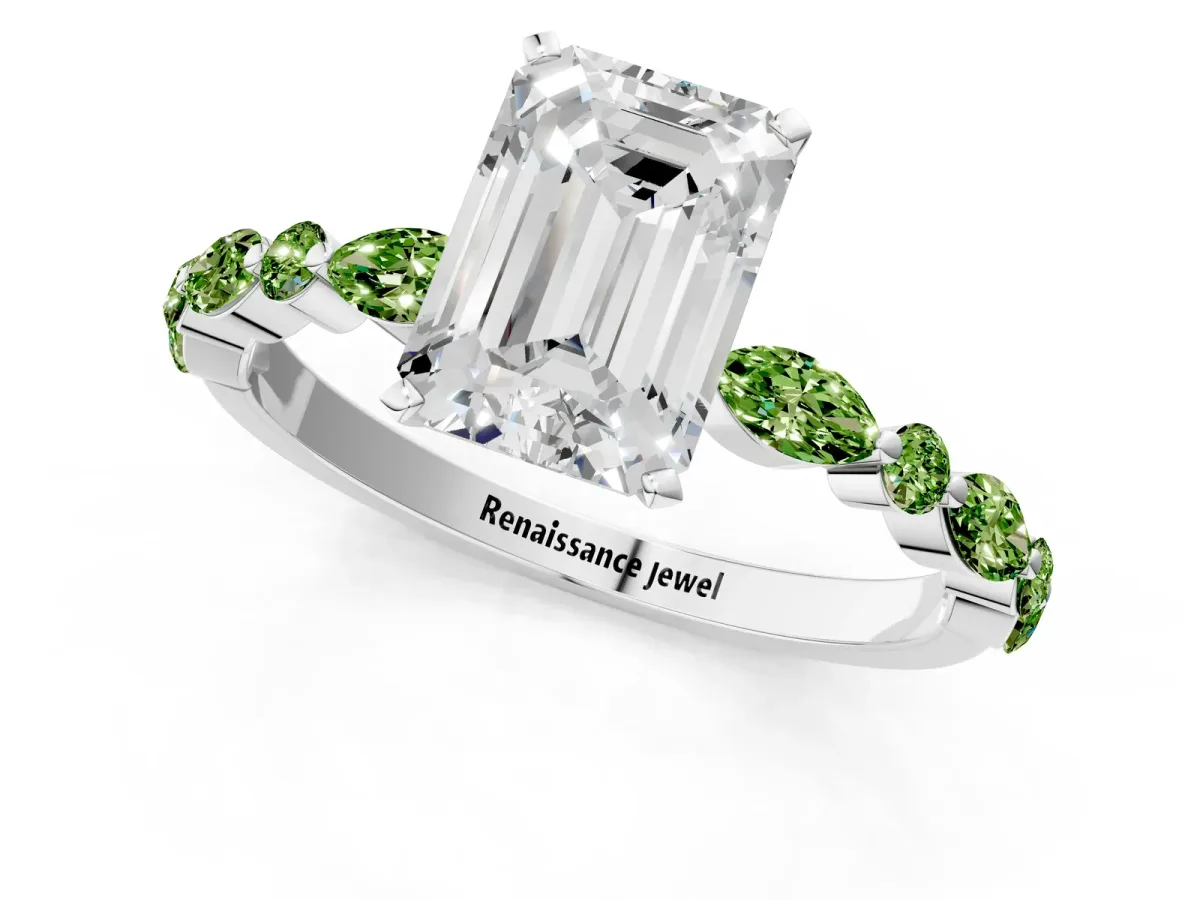 Emerald Cut Diamond Ring with Marquise and Round Peridot Side Stones and Four-Prong Setting White gold