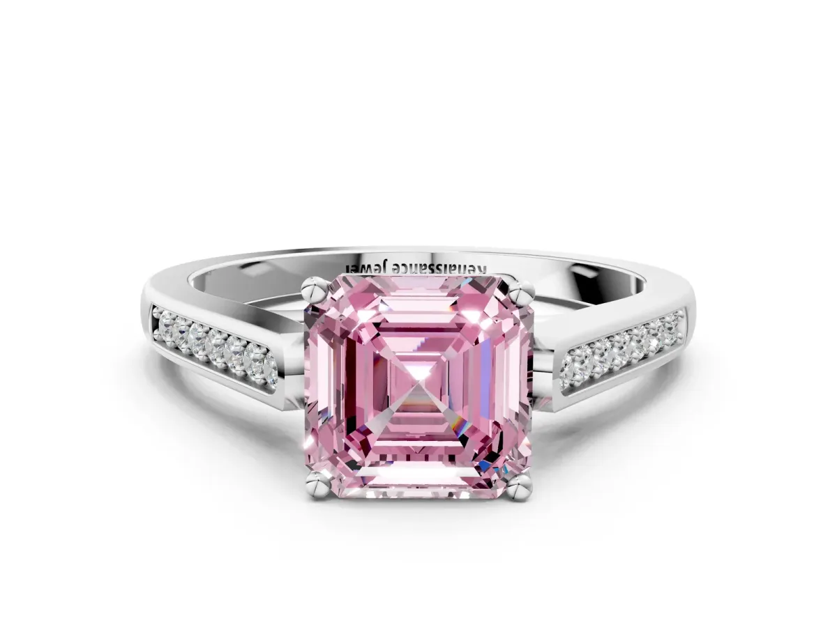 Fancy Pink Asscher Cut Solitaire Cathedral Diamond Engagement Ring with Channel-Set Band and Four-Prong Setting Platinum