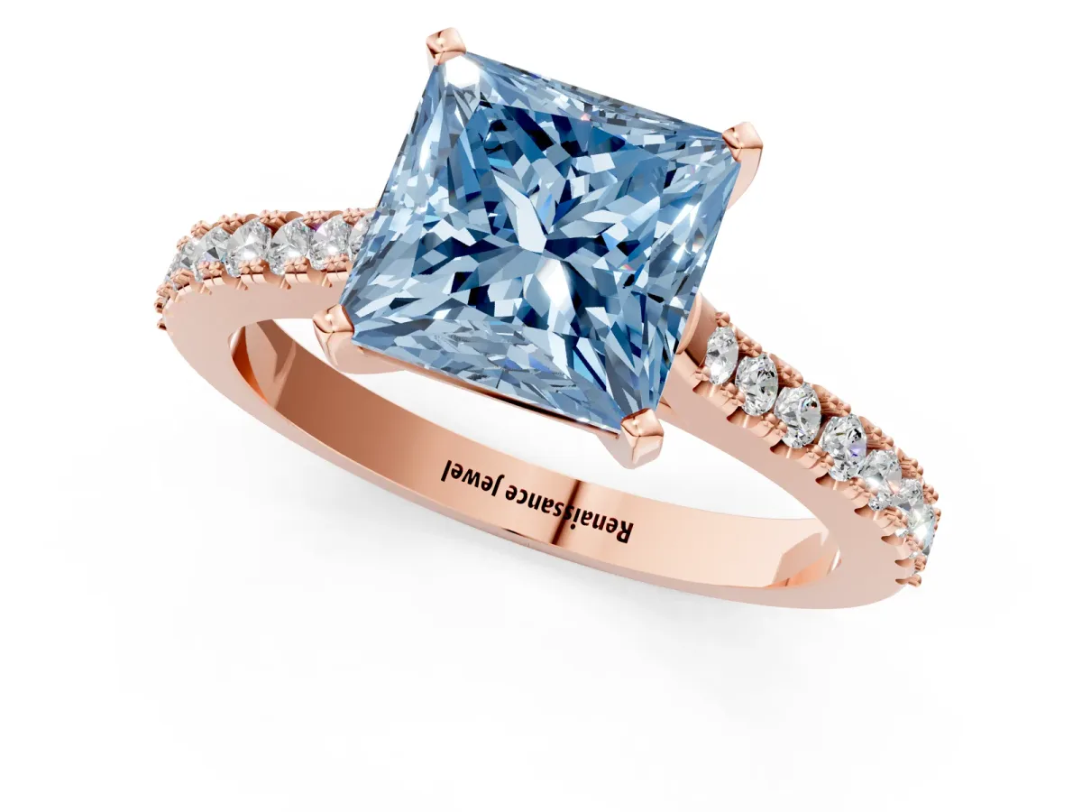 Fancy Blue Princess Cut Cut Solitaire Diamond Engagement Ring with Pave Band and Four-Prong Setting Rose gold