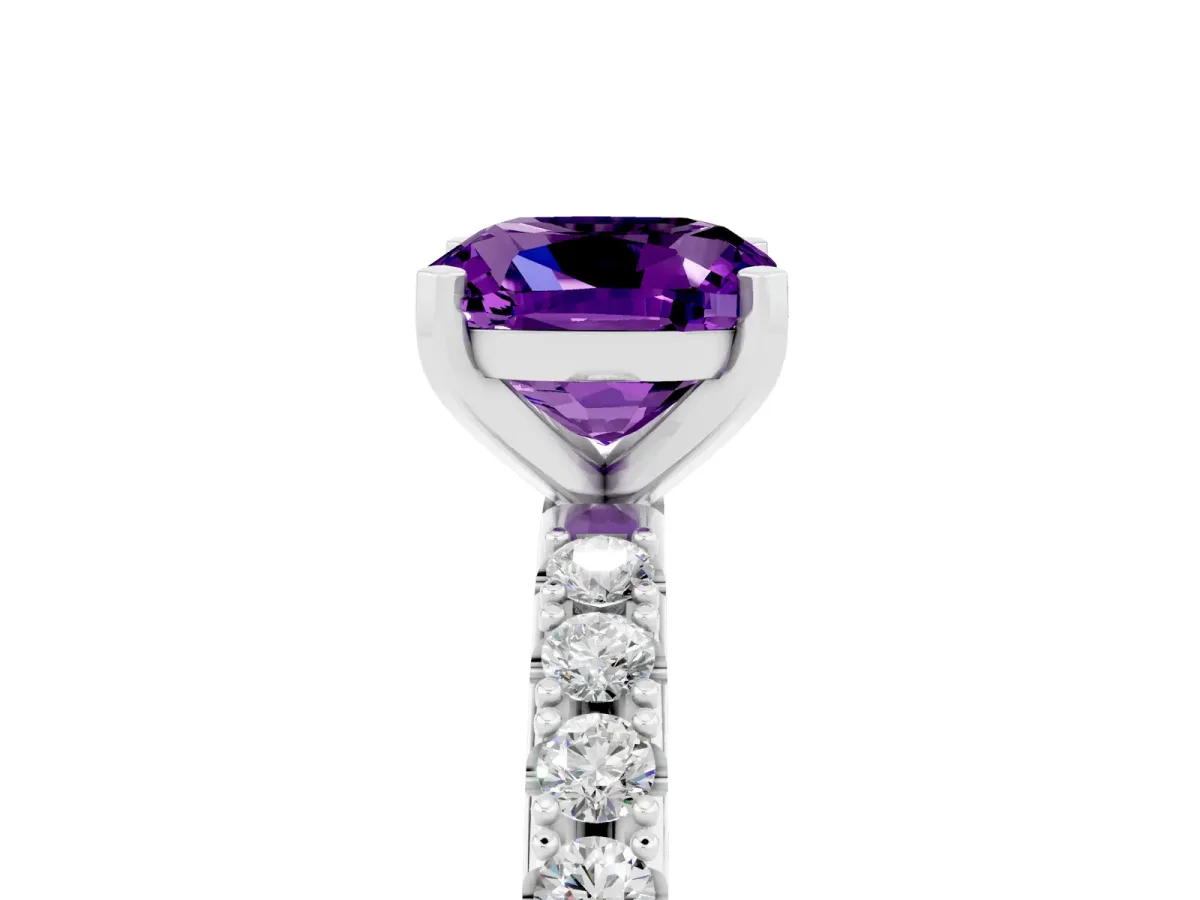 Cushion Cut Amethyst Solitaire Pavé Band with Four-Prong Setting Platinum