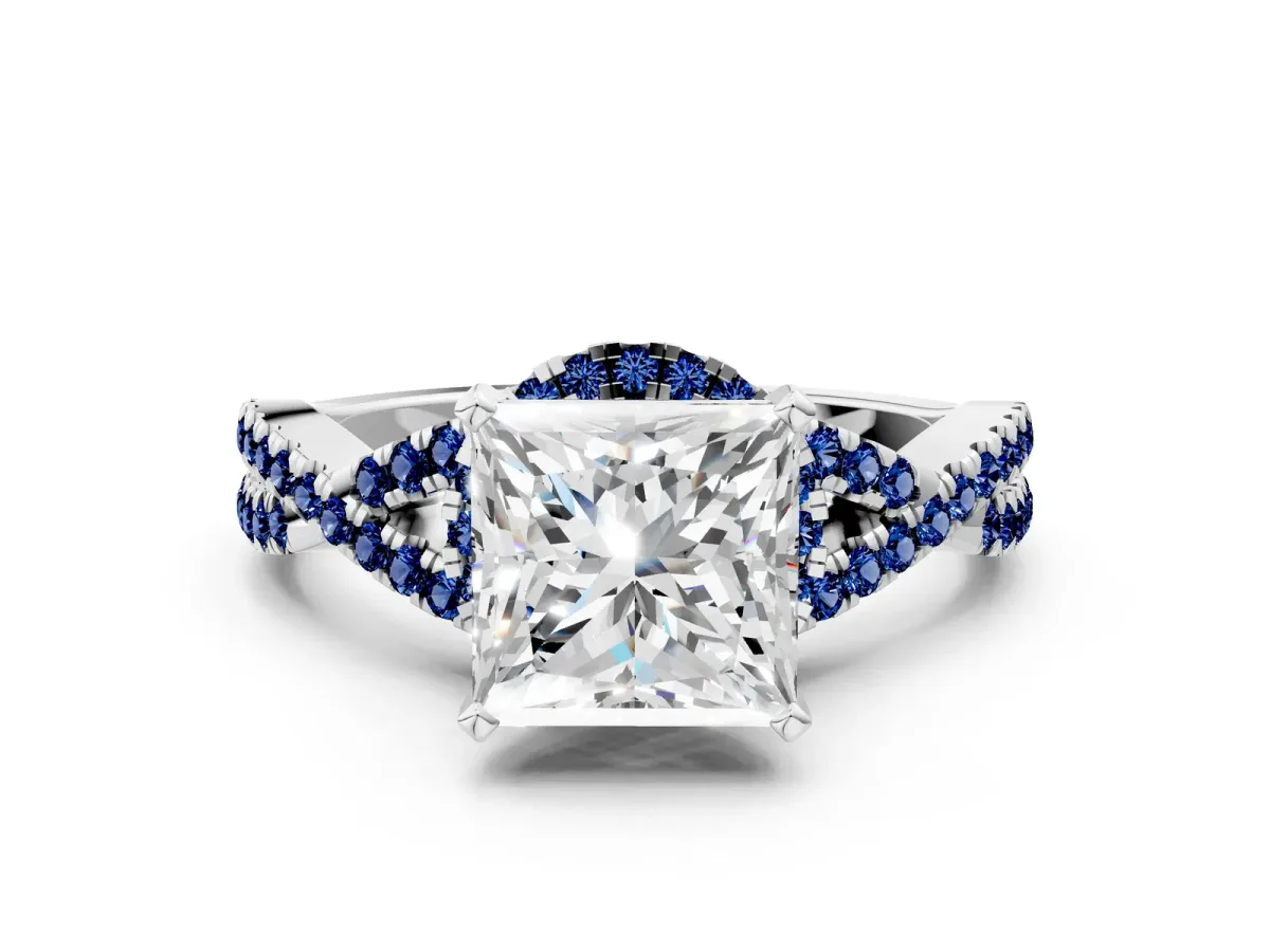 Princess Cut Diamond Blue Sapphire Halo Twist Band Solitaire Prong Setting Ring White gold