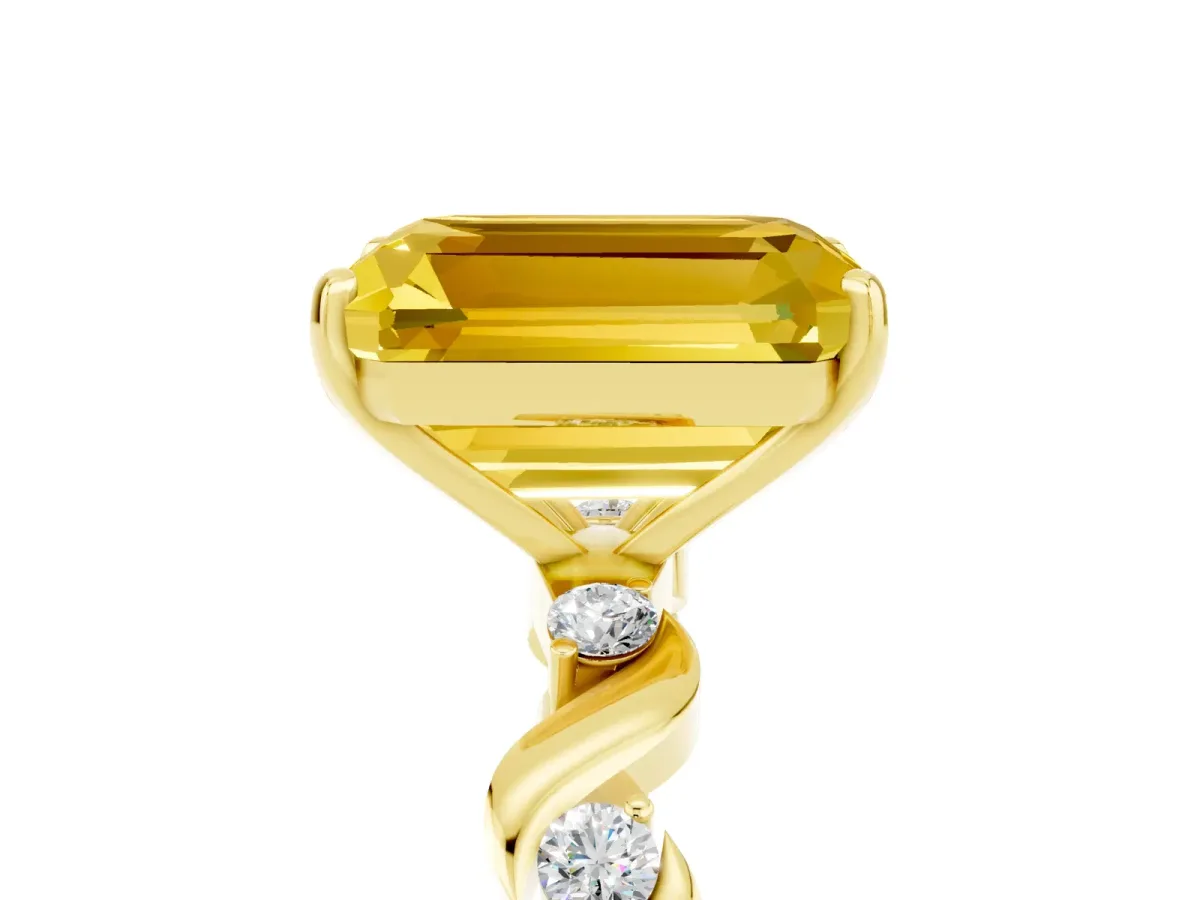 Emerald Cut Yellow Sapphire Solitaire Twisted Band with Round Accents and Prong Setting Yellow gold