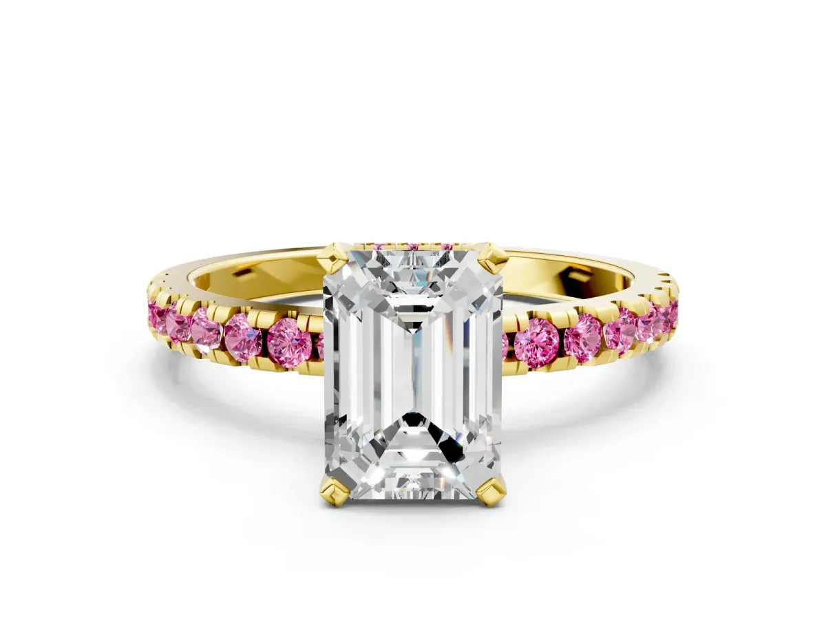 Emerald Cut Diamond Solitaire Ring with Round Pink Sapphire Pavé Band and Four-Prong Setting Yellow gold