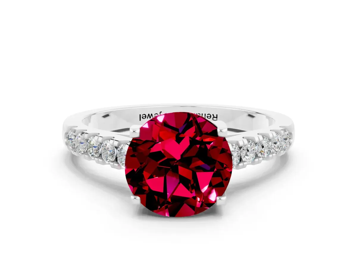 Round Cut Garnet Pavé Band Solitaire Ring with Prong Setting White gold