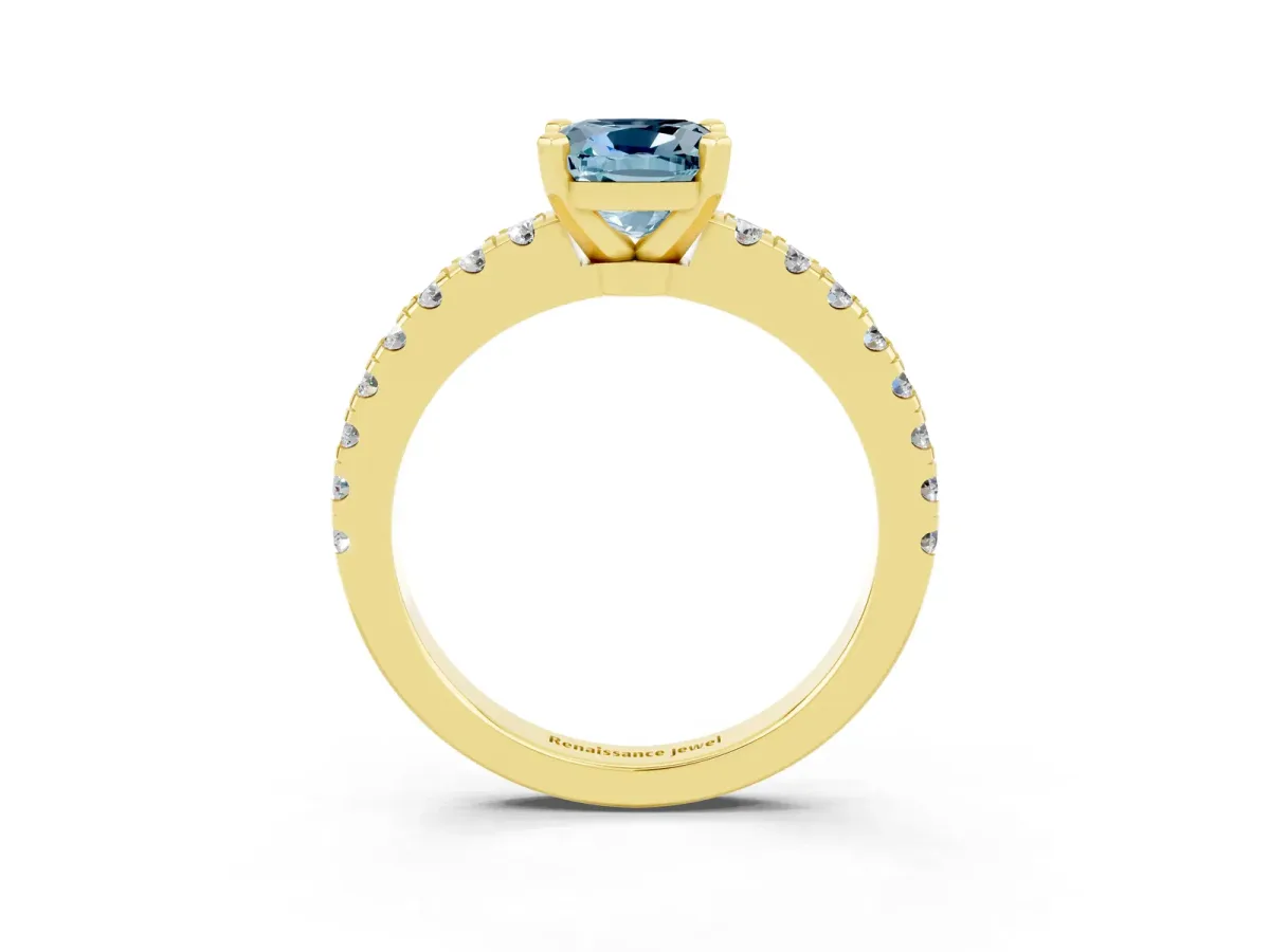 Cushion Cut Solitaire Aquamarine with Pavé Band and Four-Prong Setting Yellow gold
