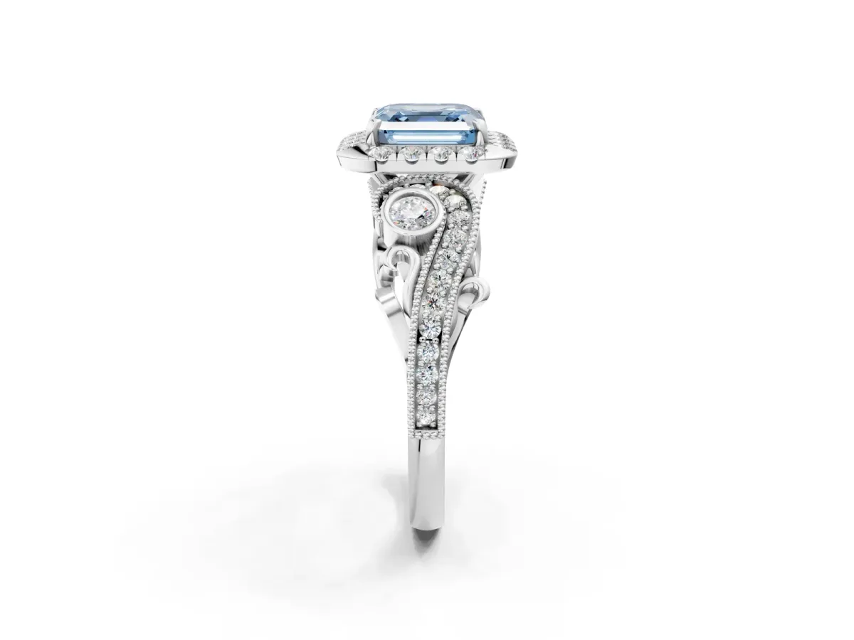 Fancy Blue Asscher Cut Diamond Halo Ring with Milgrain Pavé Band and Four-Prong Setting White gold