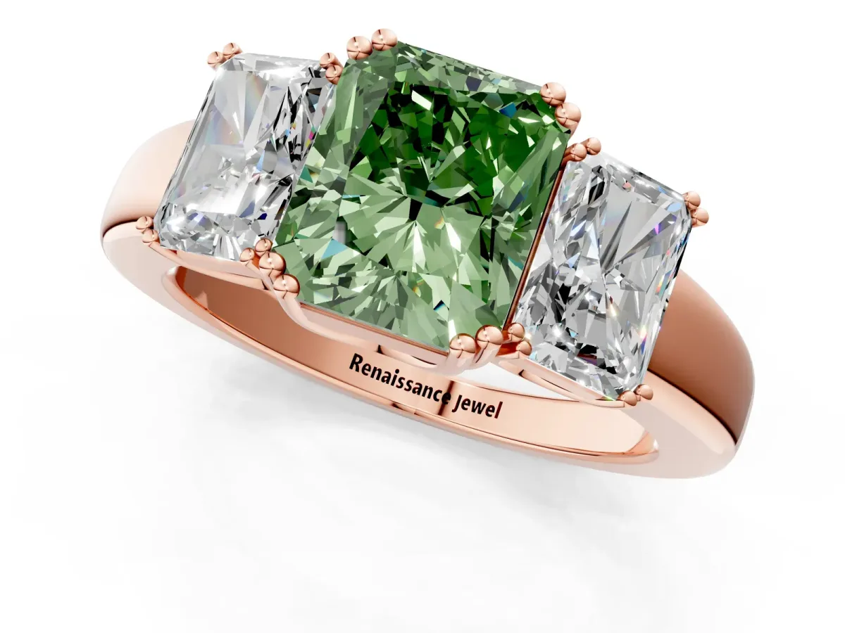 Fancy Green Three-Stone Radiant Cut Cut Diamond Ring with Channel Set Band and Four-Prong Setting Rose gold