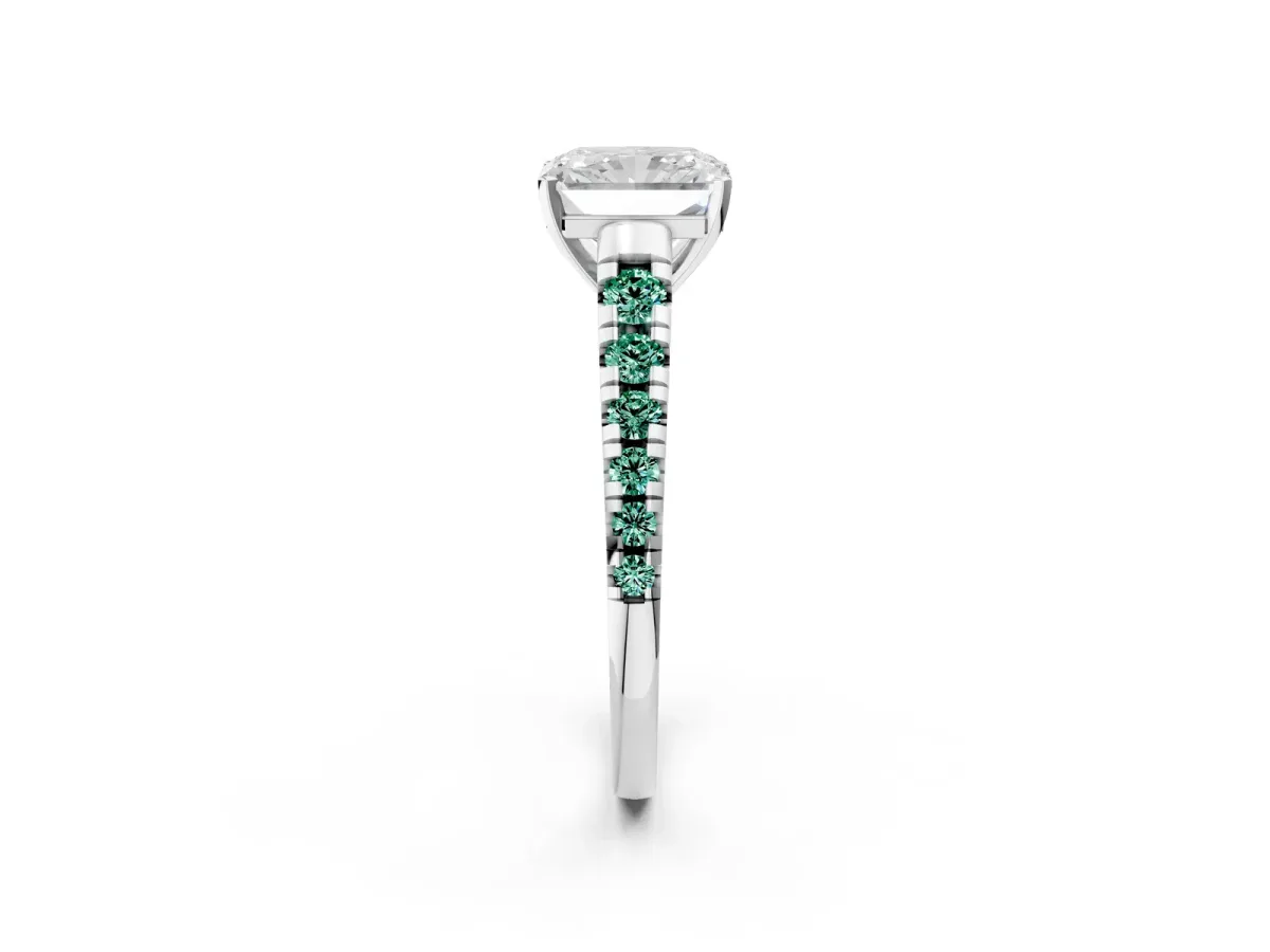 Radiant Cut Diamond Cathedral Solitaire Ring with Round Green Sapphire Pavé Band White gold