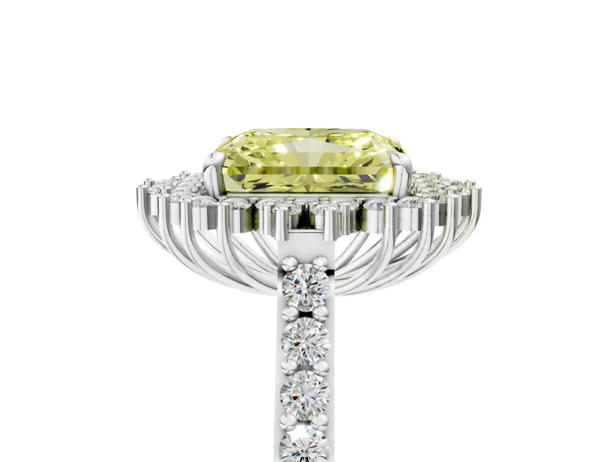 Fancy Yellow Radiant Cut Cut Diamond Sunburst Halo Engagement Ring with Pavé Band Platinum