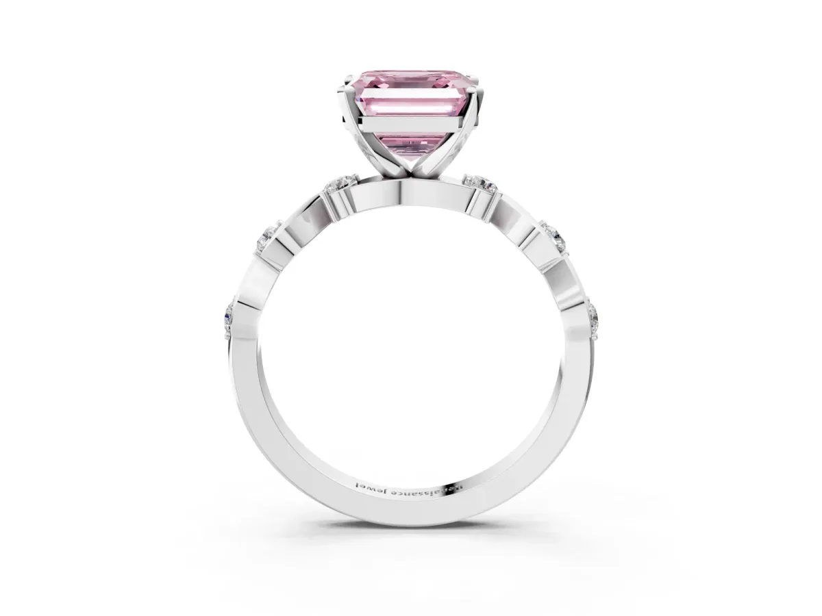Fancy Pink Asscher Cut Diamond Solitaire Twisted Band with Round Accents and Prong Setting White gold