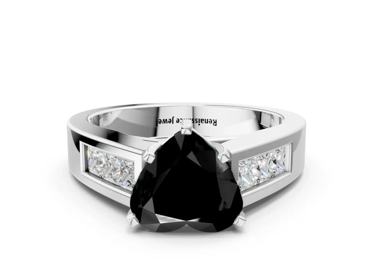 Fancy Black Heart Cut Cut Channel Set Solitaire Ring with Four-Prong Setting White gold