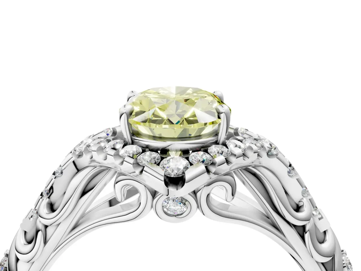 Fancy Yellow Oval Cut Diamond Solitaire Ring with Hidden Halo and Pavé Band White gold