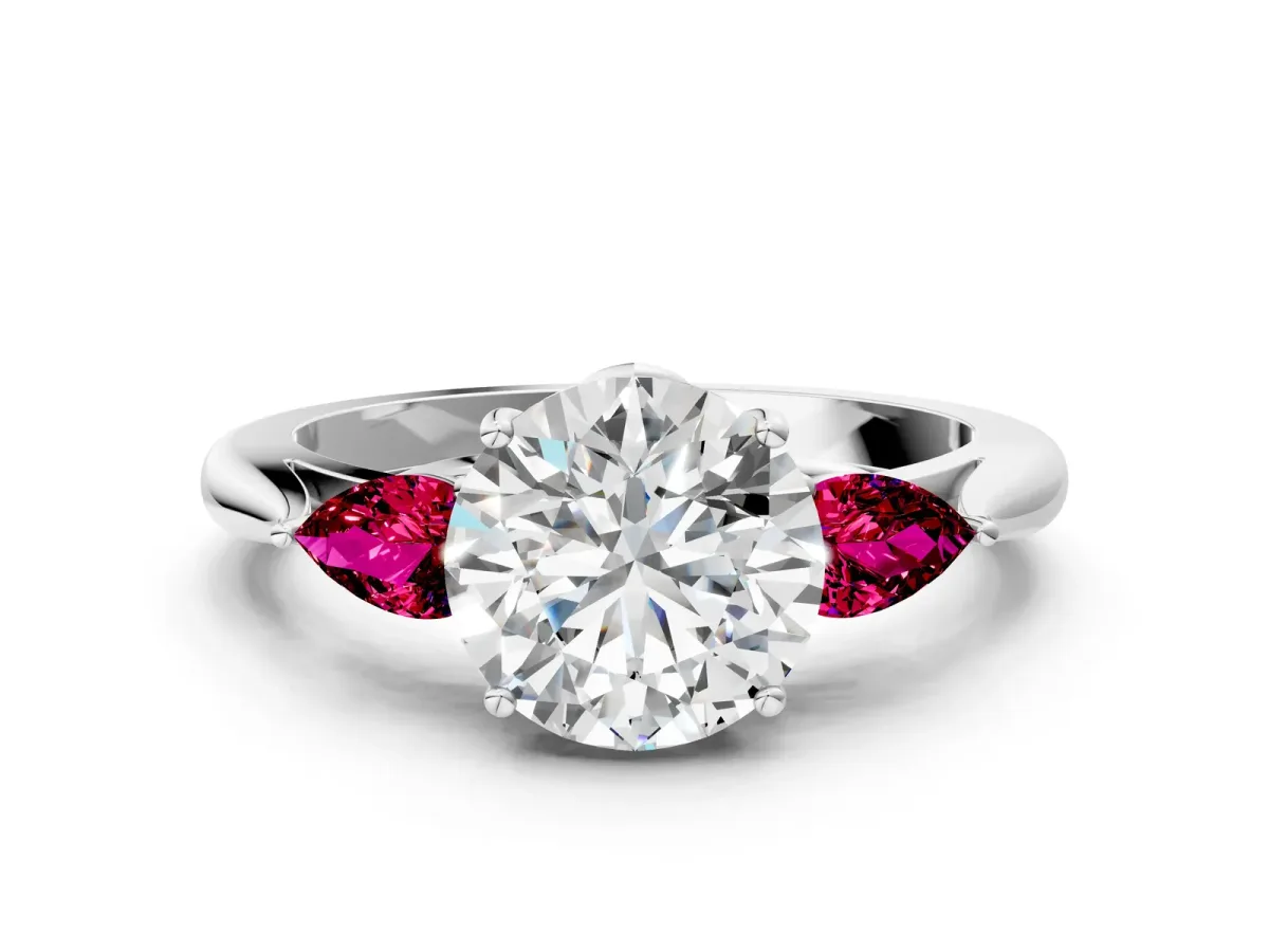 Round Cut Diamond Three-Stone Ring with Pear Garnet Side Stones and Prong Setting Silver