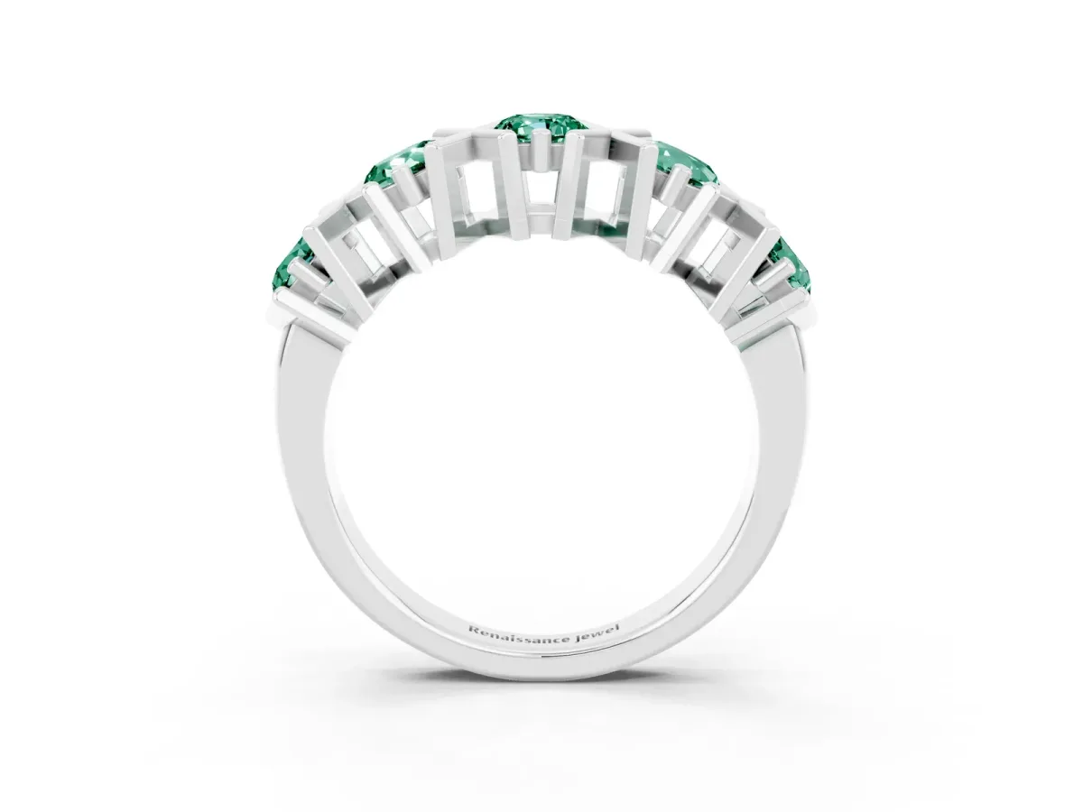 Round Green Sapphire Channel Set Band with X-Prong Detail White gold