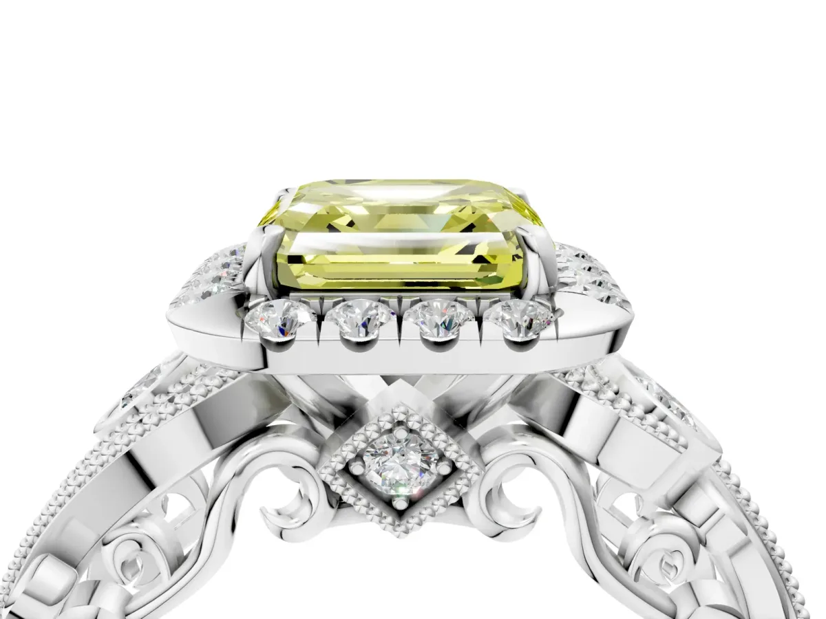 Fancy Yellow Asscher Cut Diamond Halo Ring with Milgrain Pavé Band and Four-Prong Setting White gold