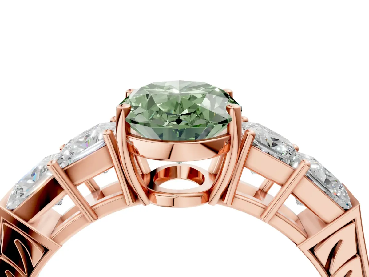 Fancy Green Oval Cut Solitaire Princess Side Stone Engraved Band Prong Setting Ring Rose gold