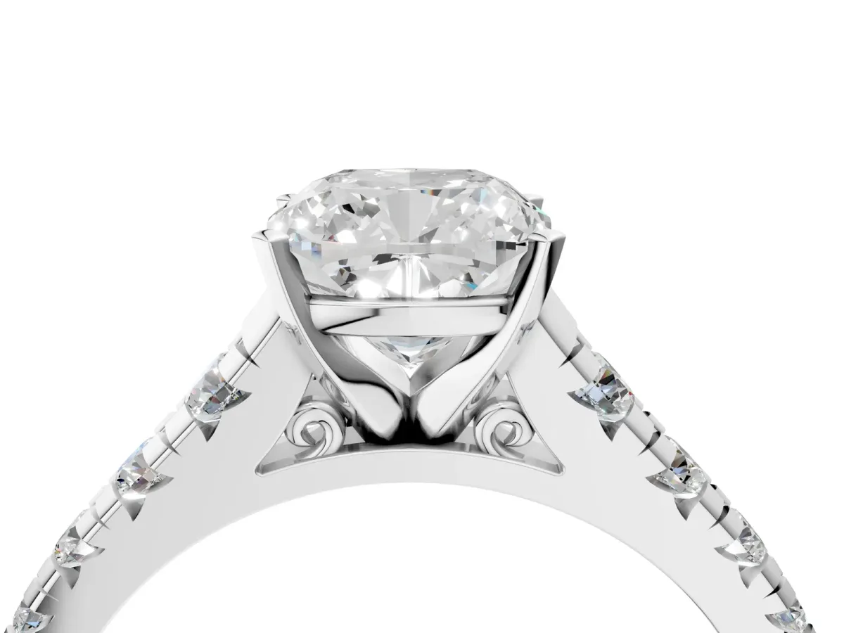 Cushion Cut Diamond Cathedral Solitaire Ring with Round Pavé Band White gold