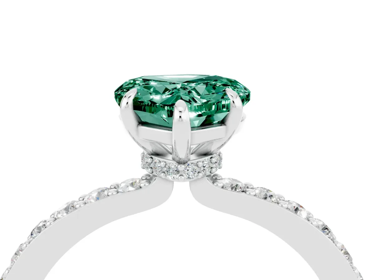 Heart Cut Green Sapphire Solitaire Engagement Ring with Pavé Band and Four-Prong Setting White gold