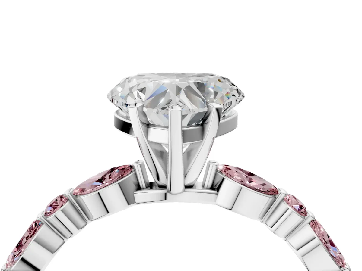 Heart Cut Diamond Ring with Marquise and Round Morganite Side Stones and Four-Prong Setting White gold