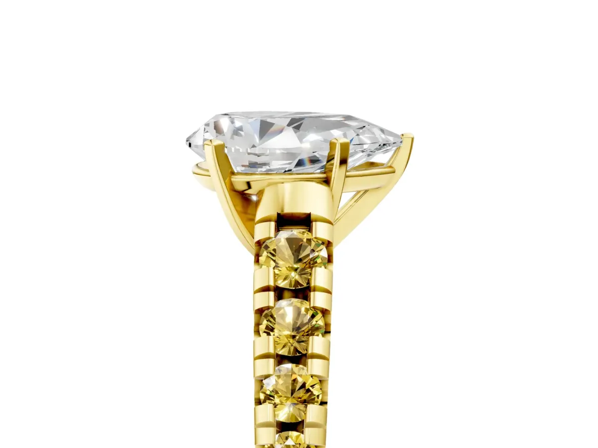 Pear Cut Diamond Cathedral Solitaire Ring with Round Yellow Sapphire Pavé Band Yellow gold