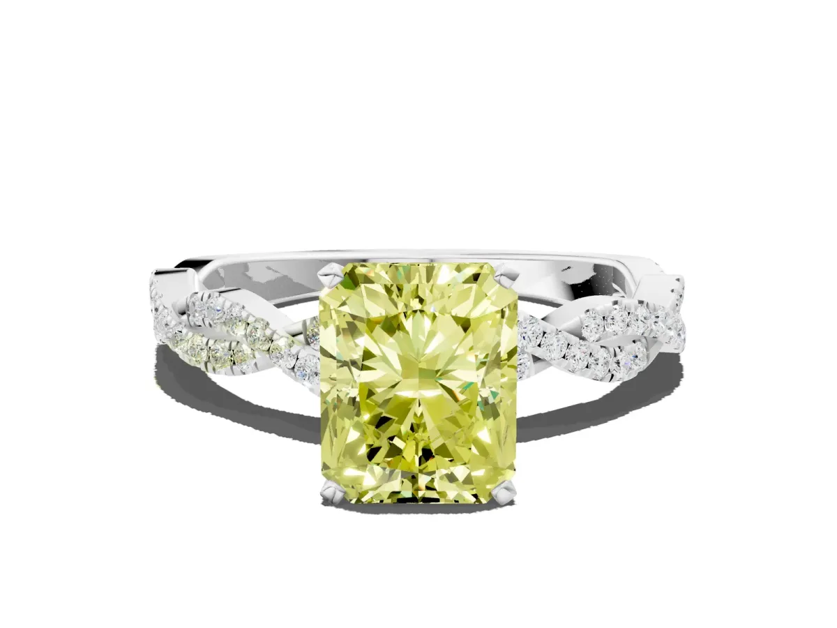 Fancy Yellow Radiant Cut Solitaire Twisted Pave Band with Four-Prong Setting Platinum