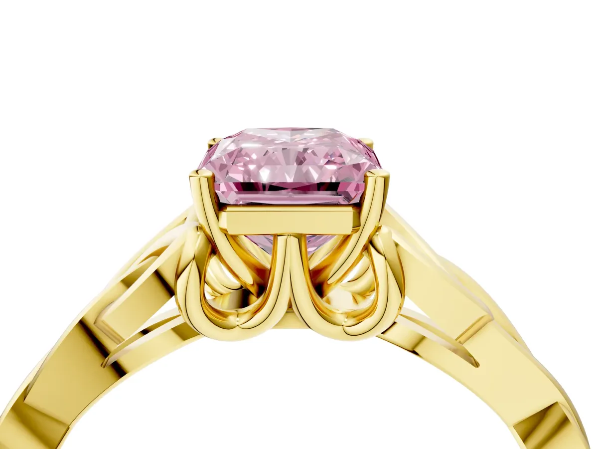 Fancy Pink Radiant Cut Diamond Solitaire Engagement Ring with Celtic Knot Band and Four-Prong Setting Yellow gold
