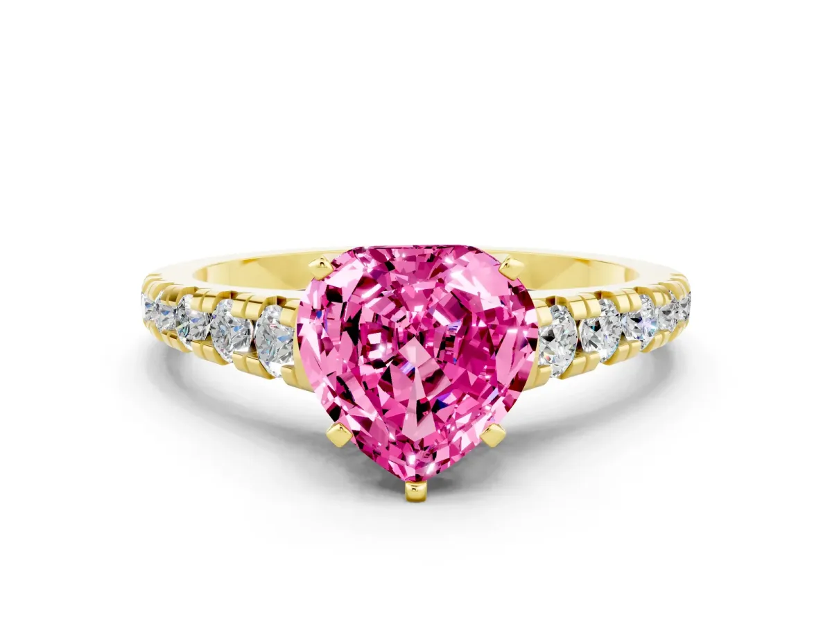 Heart Cut Pink Sapphire Cathedral Solitaire Ring with Round Pavé Band Yellow gold