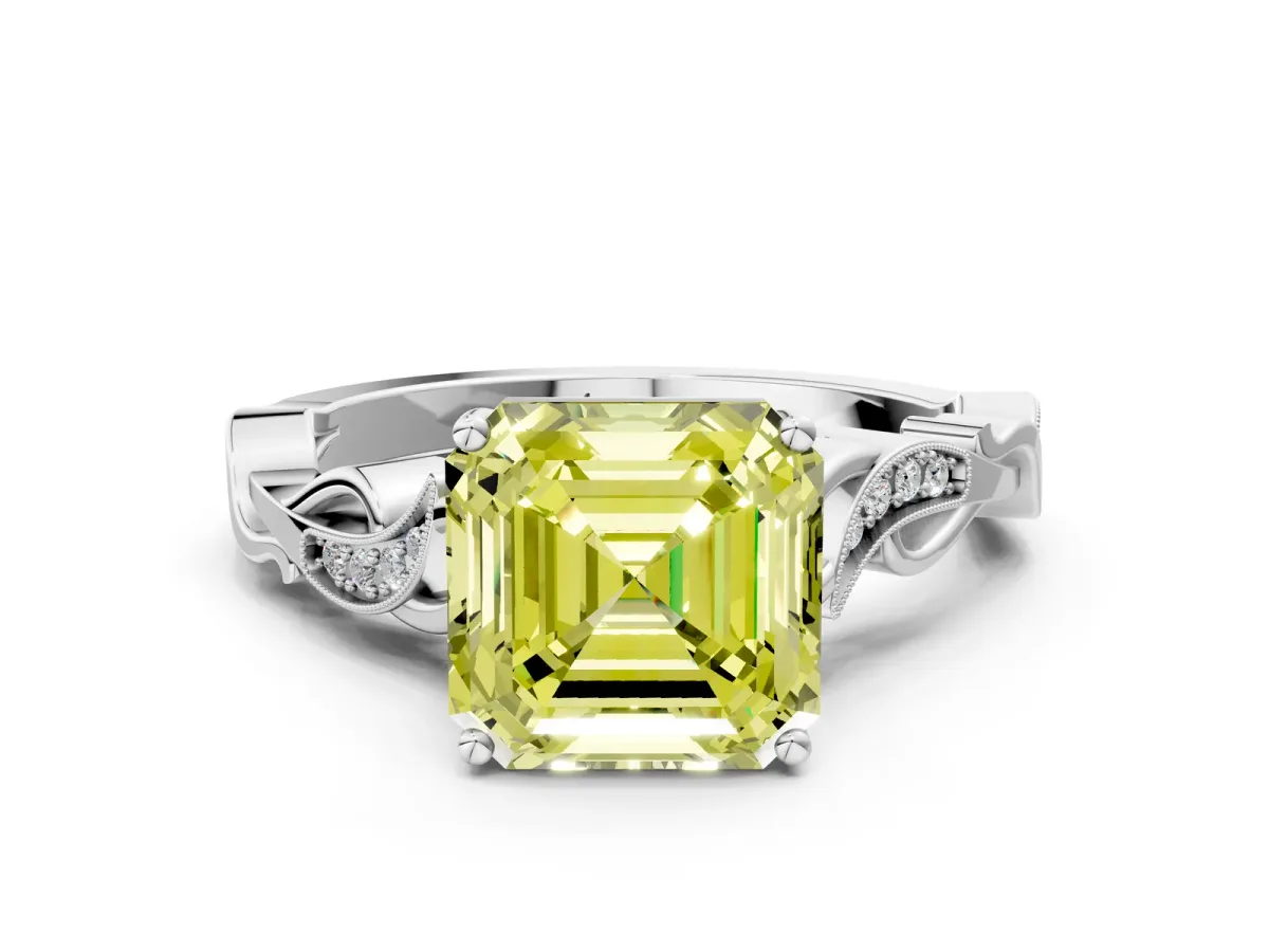 Fancy Yellow Asscher Cut Solitaire Vine Band with Milgrain Prong Setting Platinum