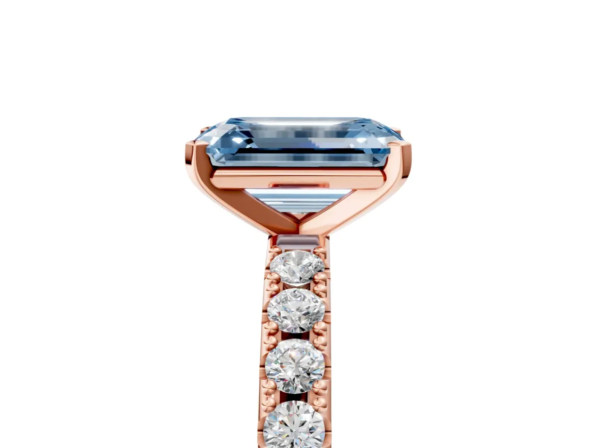 Fancy Blue Emerald Cut Diamond Solitaire Pavé Band with Four-Prong Setting Rose gold