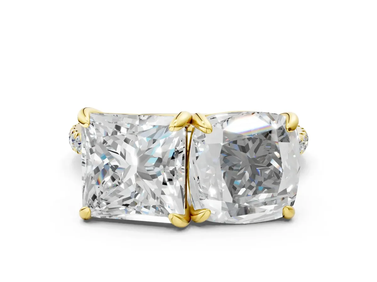 Cushion and Princess Toi Moi Ring with Prong Setting and Pave Band Yellow gold