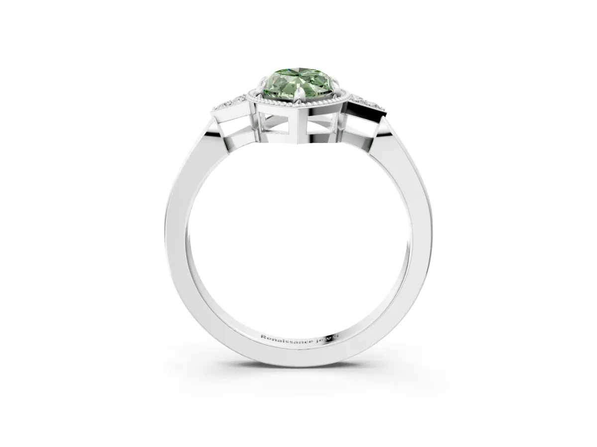 Fancy Green Milgrain Marquise Cut Cut Diamond Ring with Tapered Pave Band and Four Prong Setting Platinum