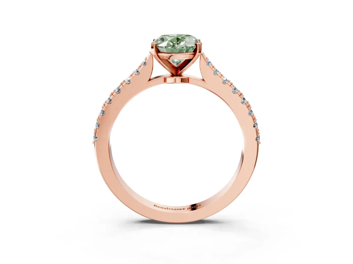 Fancy Green Oval Cut Cut Solitaire Diamond Engagement Ring with Pave Band and Four-Prong Setting Rose gold