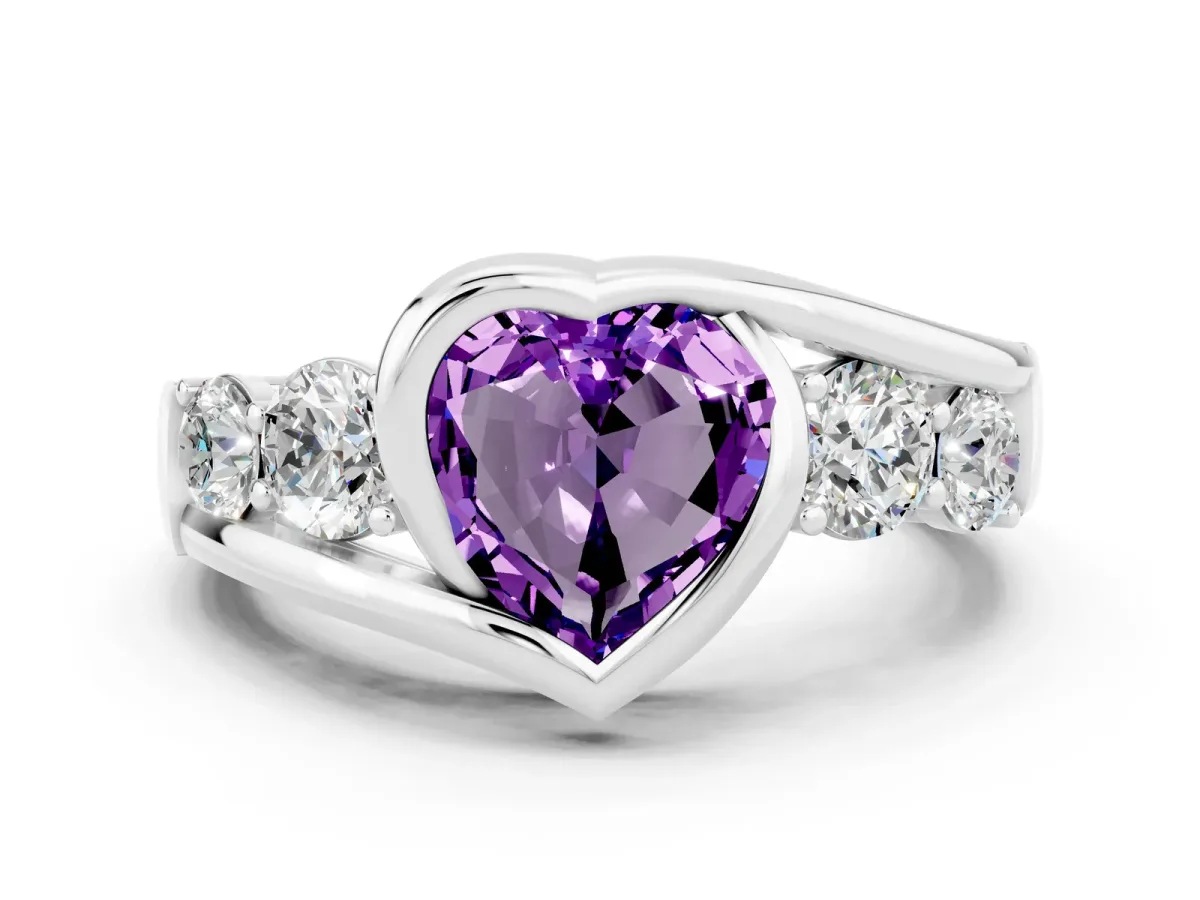 Bezel Set Heart Cut Amethyst Bypass Ring with Round Accents Silver
