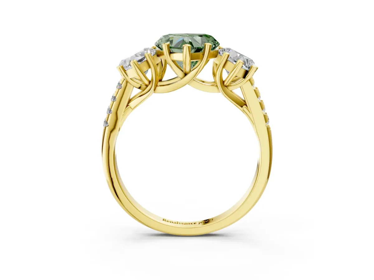 Fancy Green Three-Stone Heart Cut Diamond Ring with Round Pavé Band and Prong Setting Yellow gold