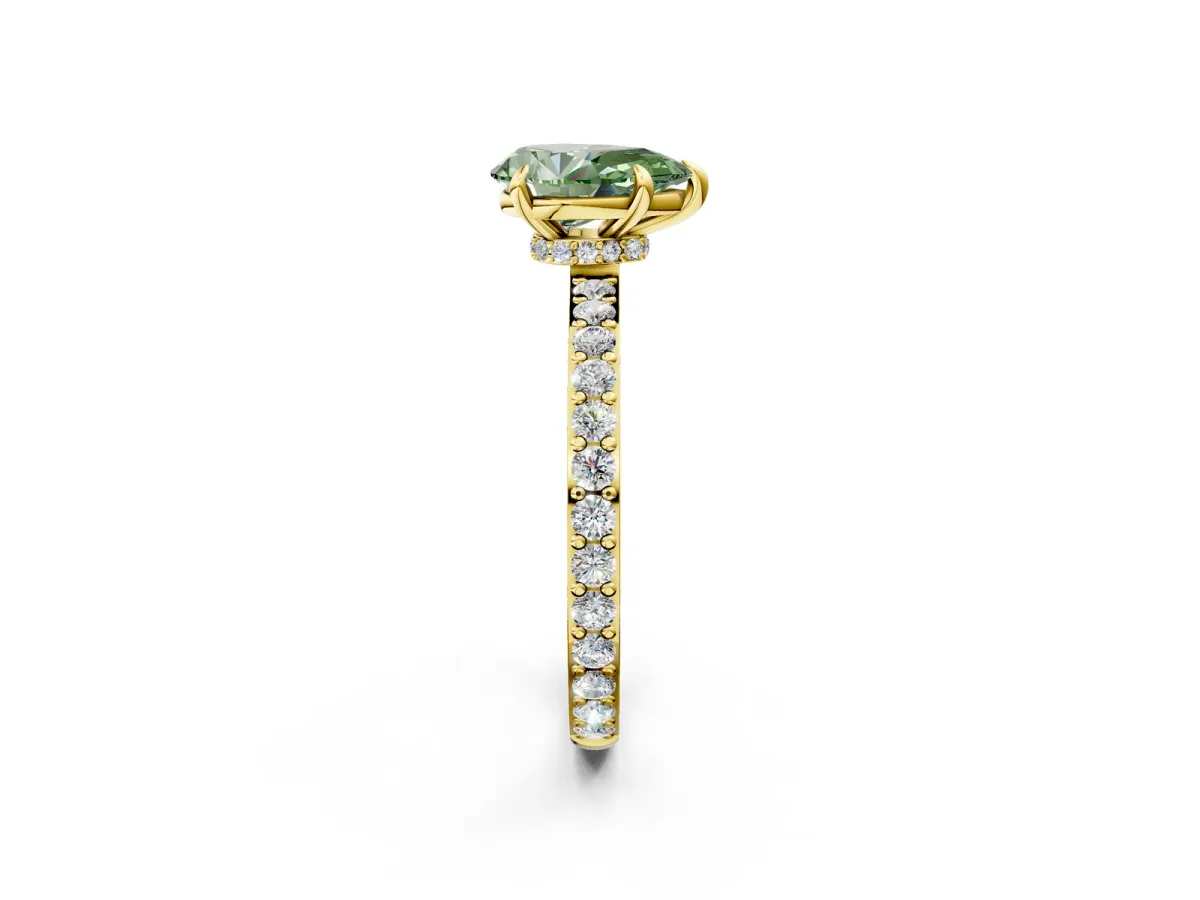 Fancy Green Pear Cut Diamond Solitaire Engagement Ring with Pavé Band and Four-Prong Setting Yellow gold