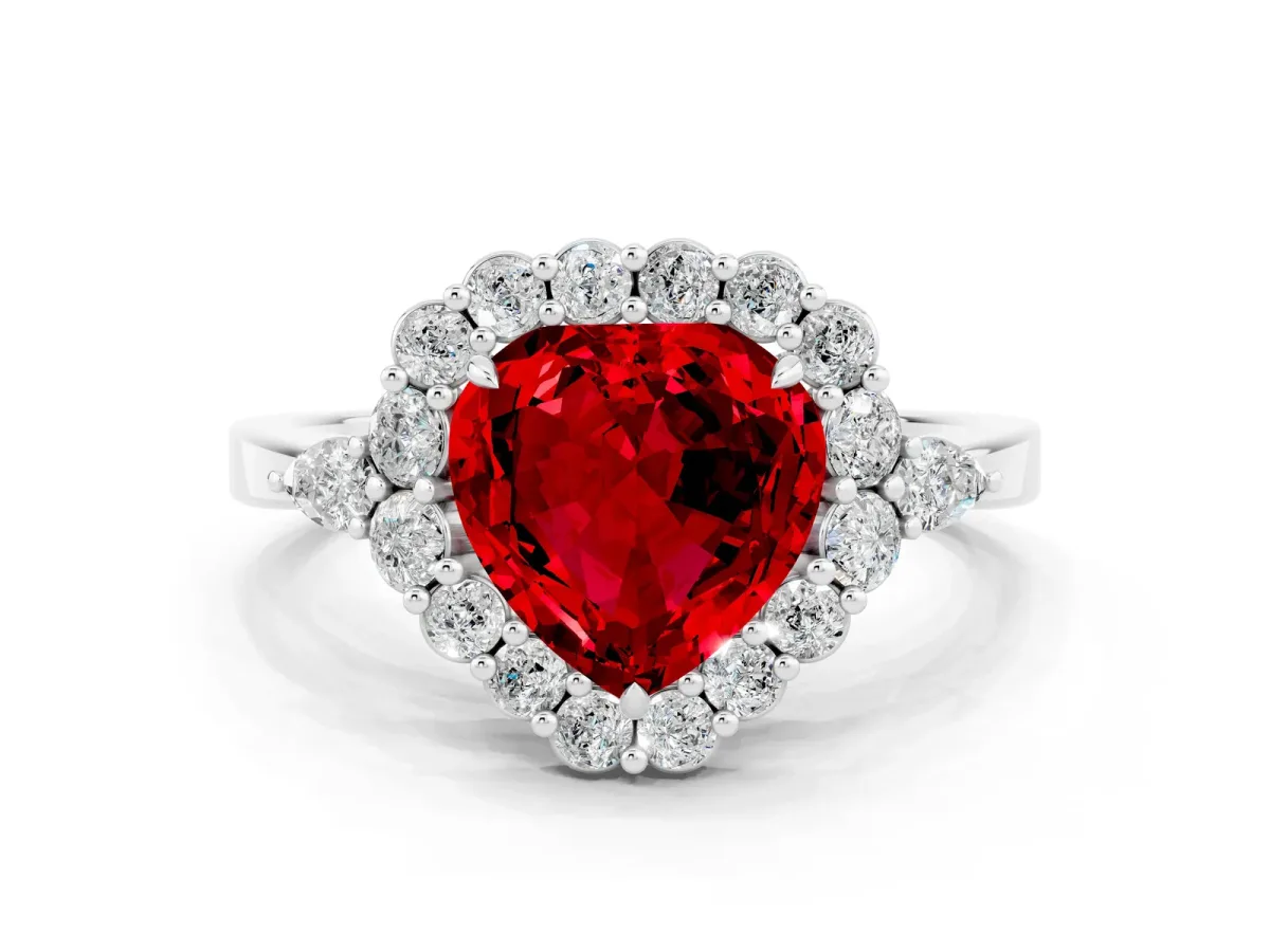 Heart Cut Ruby Halo Ring with Pear Side Stones and Prong Setting Silver