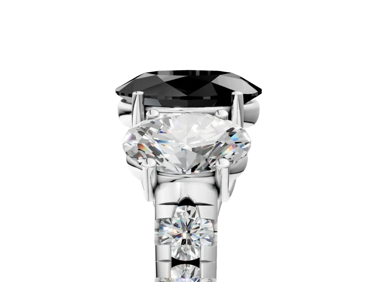 Fancy Black Three-Stone Oval Cut Diamond Pavé Band with Prong Setting Platinum