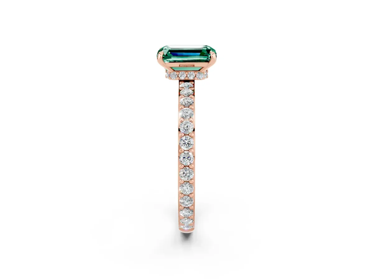 Emerald Cut Green Sapphire Solitaire Engagement Ring with Pavé Band and Four-Prong Setting Rose gold