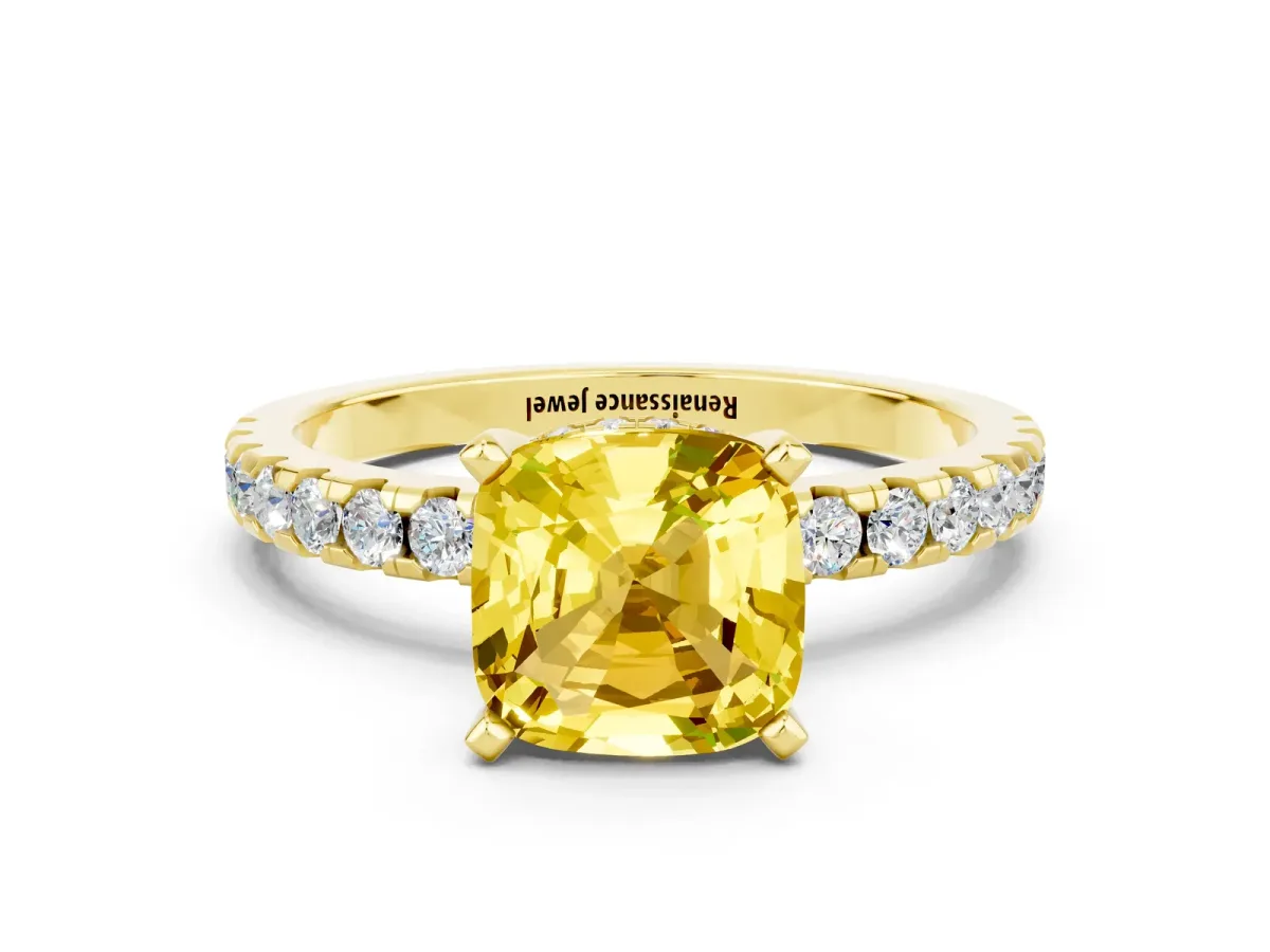 Cushion Cut Yellow Sapphire Solitaire Ring with Round Pavé Band and Four-Prong Setting Yellow gold