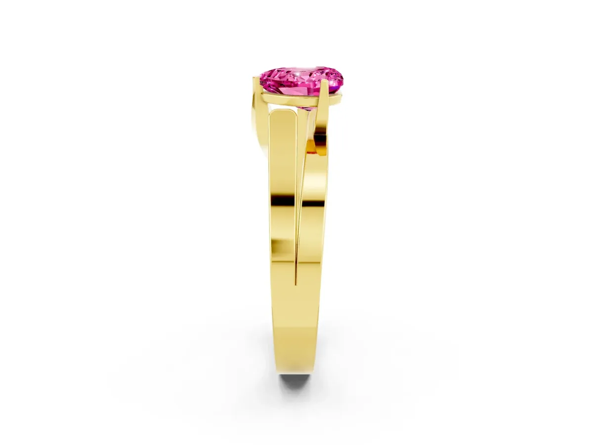 Modern Tension Set Heart Cut Pink Sapphire Solitaire Wide Band Ring Yellow gold