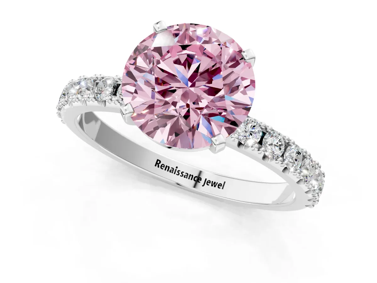 Fancy Pink Round Cut Diamond Solitaire Pavé Band with Four-Prong Setting Silver