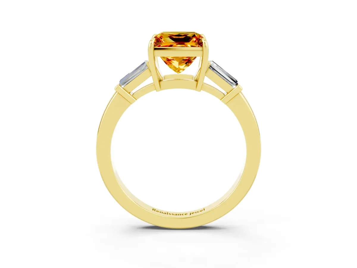 Princess Cut Citrine Three-Stone Ring with Tapered Baguette Side Stones and Prong Setting Yellow gold