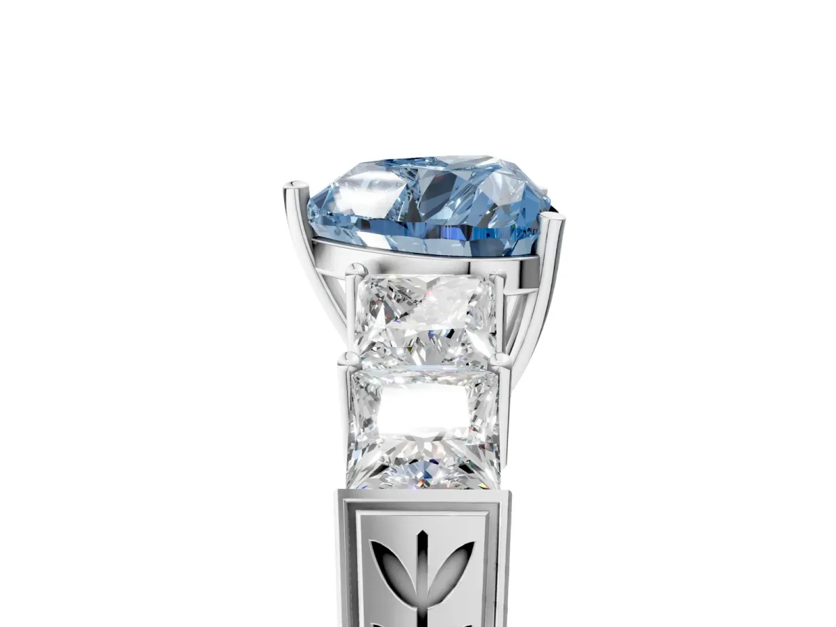 Fancy Blue Heart Cut Solitaire Princess Side Stone Engraved Band Prong Setting Ring Silver