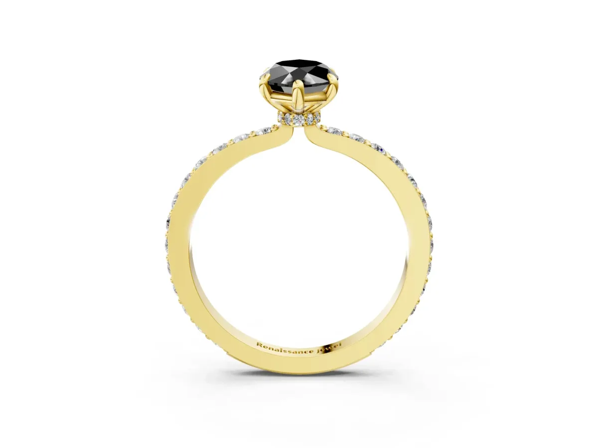 Fancy Black Marquise Cut Diamond Solitaire Engagement Ring with Pavé Band and Four-Prong Setting Yellow gold