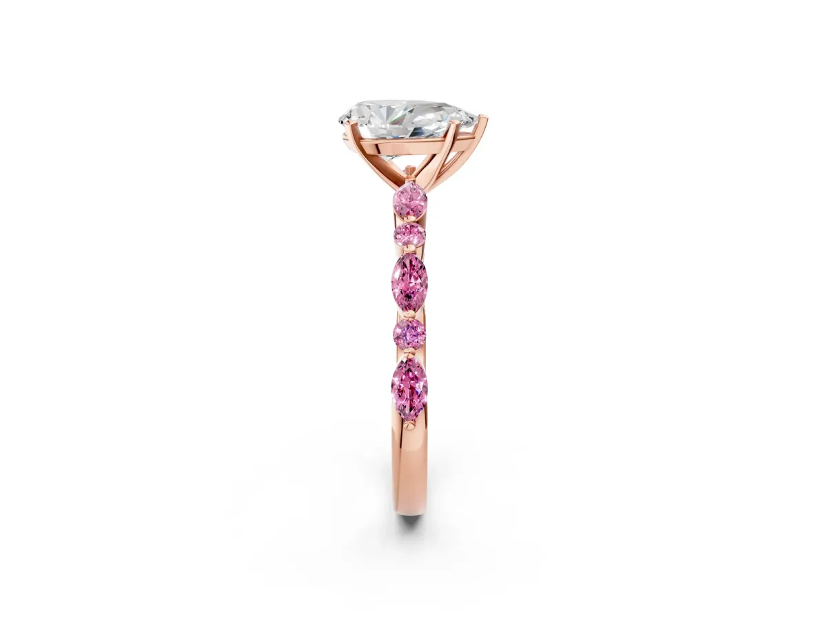 Pear Cut Diamond Ring with Marquise and Round Pink Sapphire Side Stones and Four-Prong Setting Rose gold