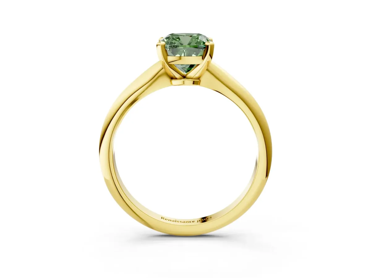 Fancy Green Cushion Cut Diamond Solitaire Engagement Ring with Classic Band and Four-Prong Setting Yellow gold