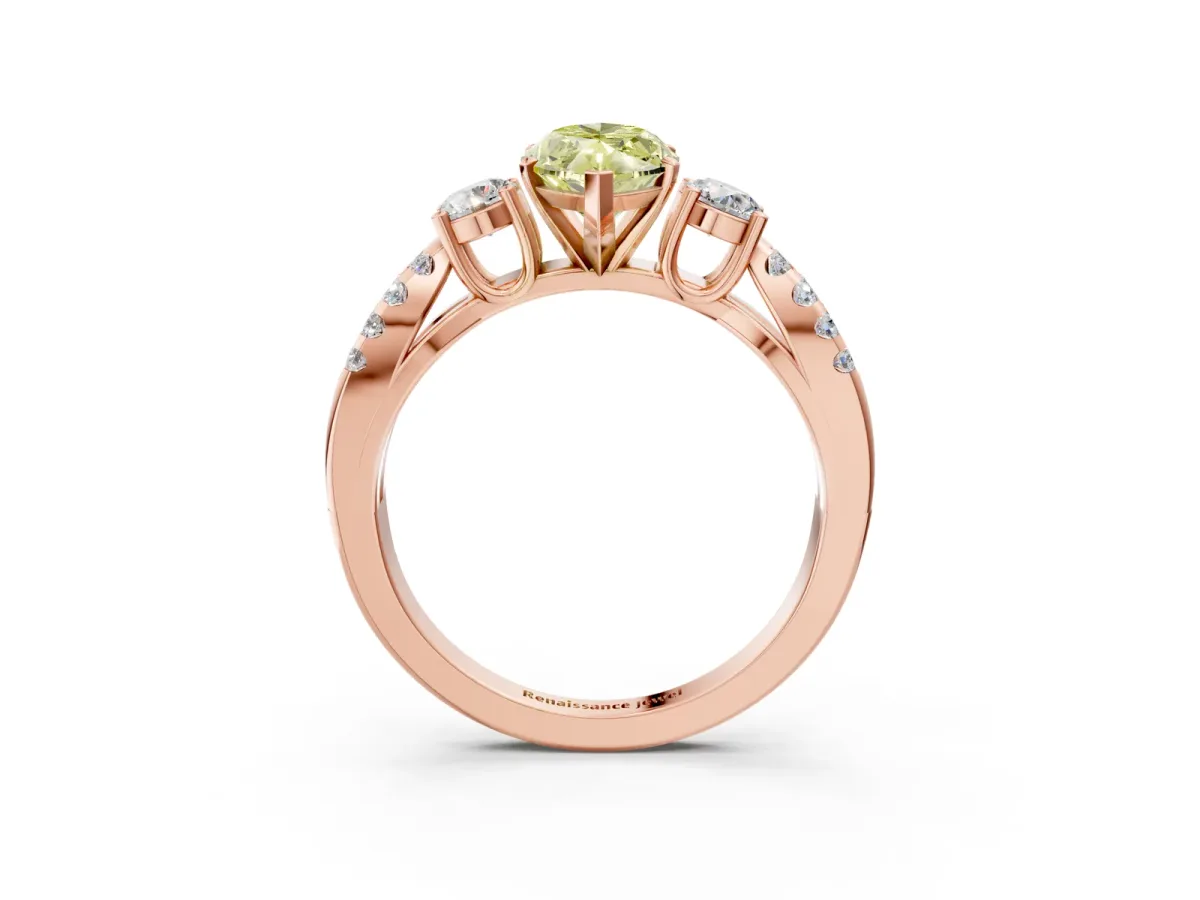 Fancy Yellow Marquise Cut Diamond Three-Stone Ring with Pavé Split Shank and Four-Prong Setting Rose gold